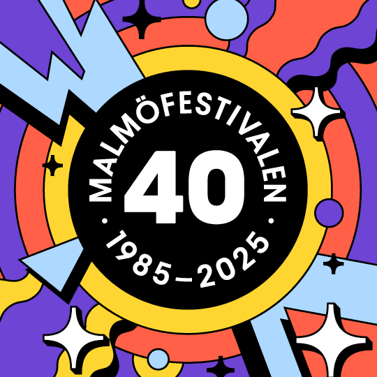 Grafisk jubileumsbild med texten "Malmöfestivalen 40 – 1985–2025" i ett färgstarkt mönster.